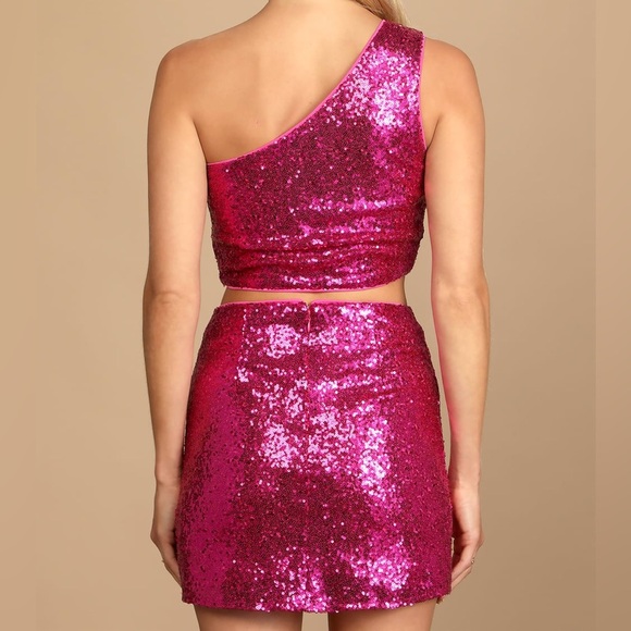 NWT Lulu’s Come My Way Magenta Sequin One-Shoulder Two-Piece Mini Dress size M - Picture 5 of 13